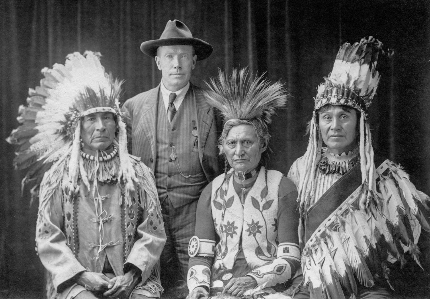 Teit with three Interior chiefs in Ottawa, 1916. Left to right: Chief John Tetlanetza, James Teit, Chief Paul David and Chief Thomas Adolph.
