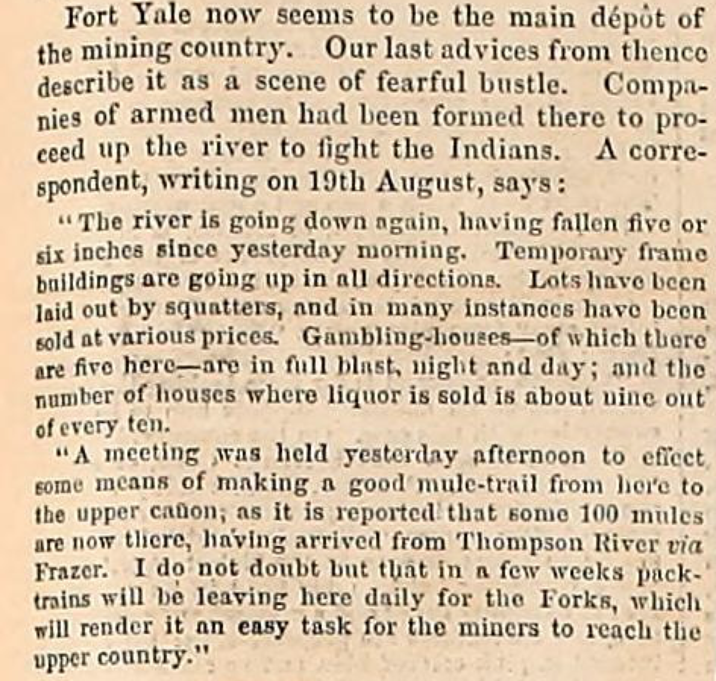 Account of armed men at Fort Yale going up Fraser River
