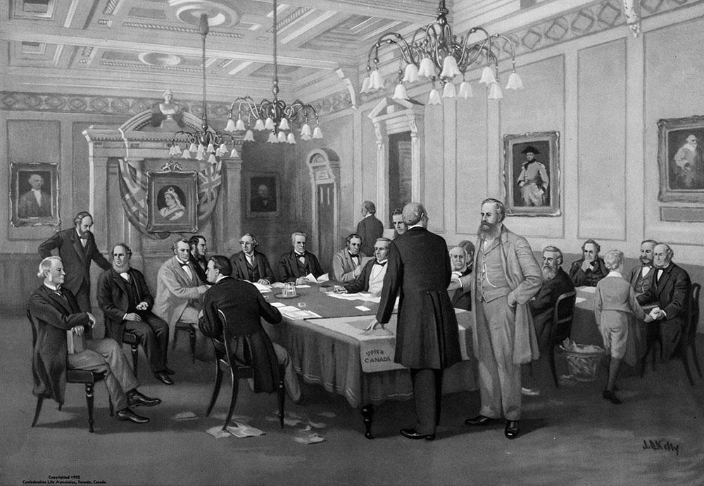 Painting of “Fathers of Confederation” discussing British North America Act in London, England, on Christmas Eve, 1866.