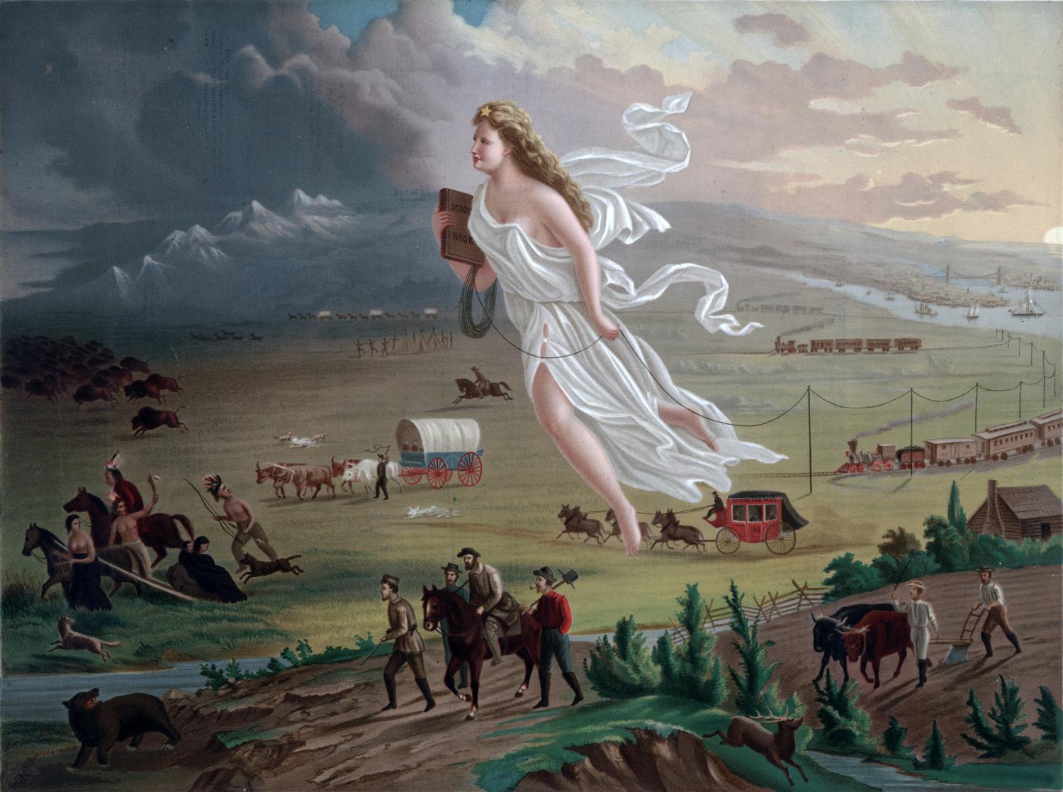 Painting shows “allegorical female figure of America leading pioneers westward, as they travel on foot, in a stagecoach, conestoga wagon, and by railroads, where they encounter Native Americans and herds of bison.”