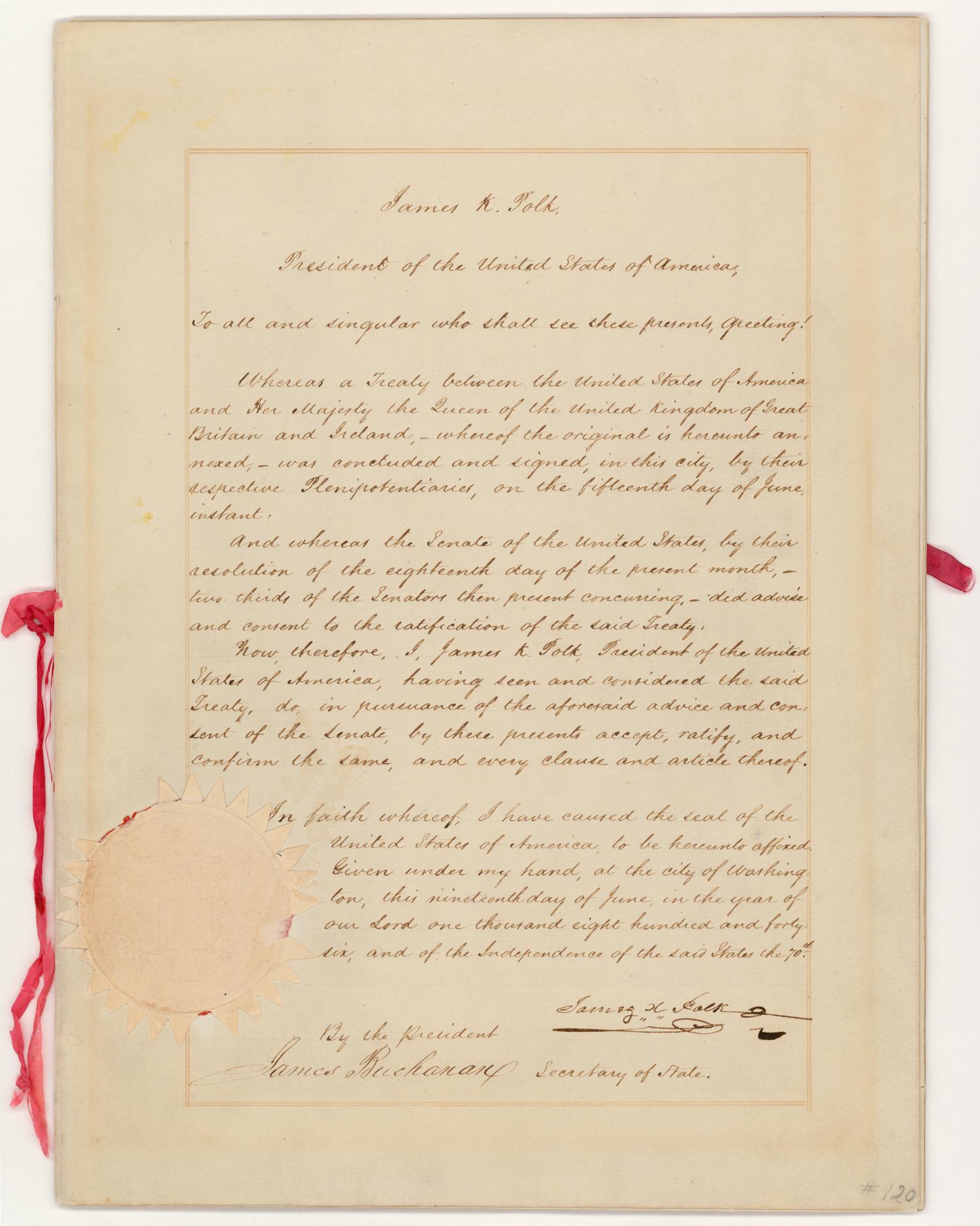 First page of Oregon Treaty. Features handwritten a note from James Polk.