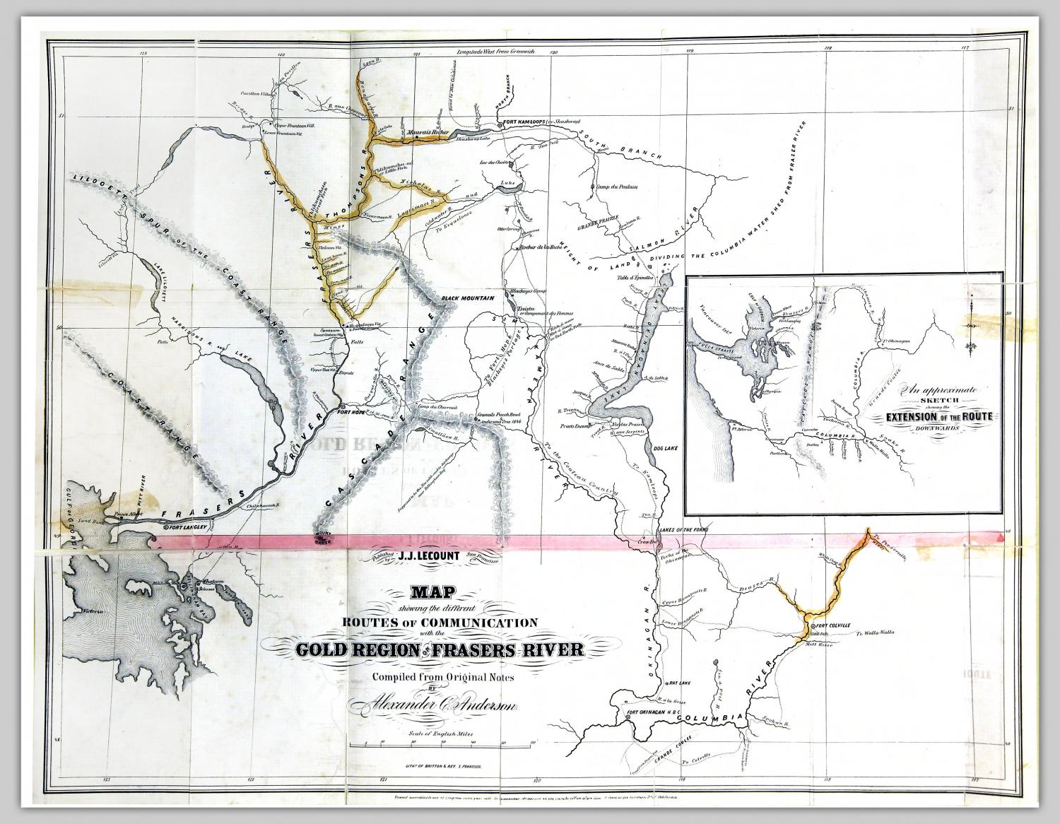 Map showing the different routes of communication with the gold region on Frasers River compiled from original notes by Alexander Anderson