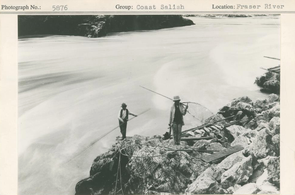 Two Coast Salish fishermen using dip nets on the Fraser River.