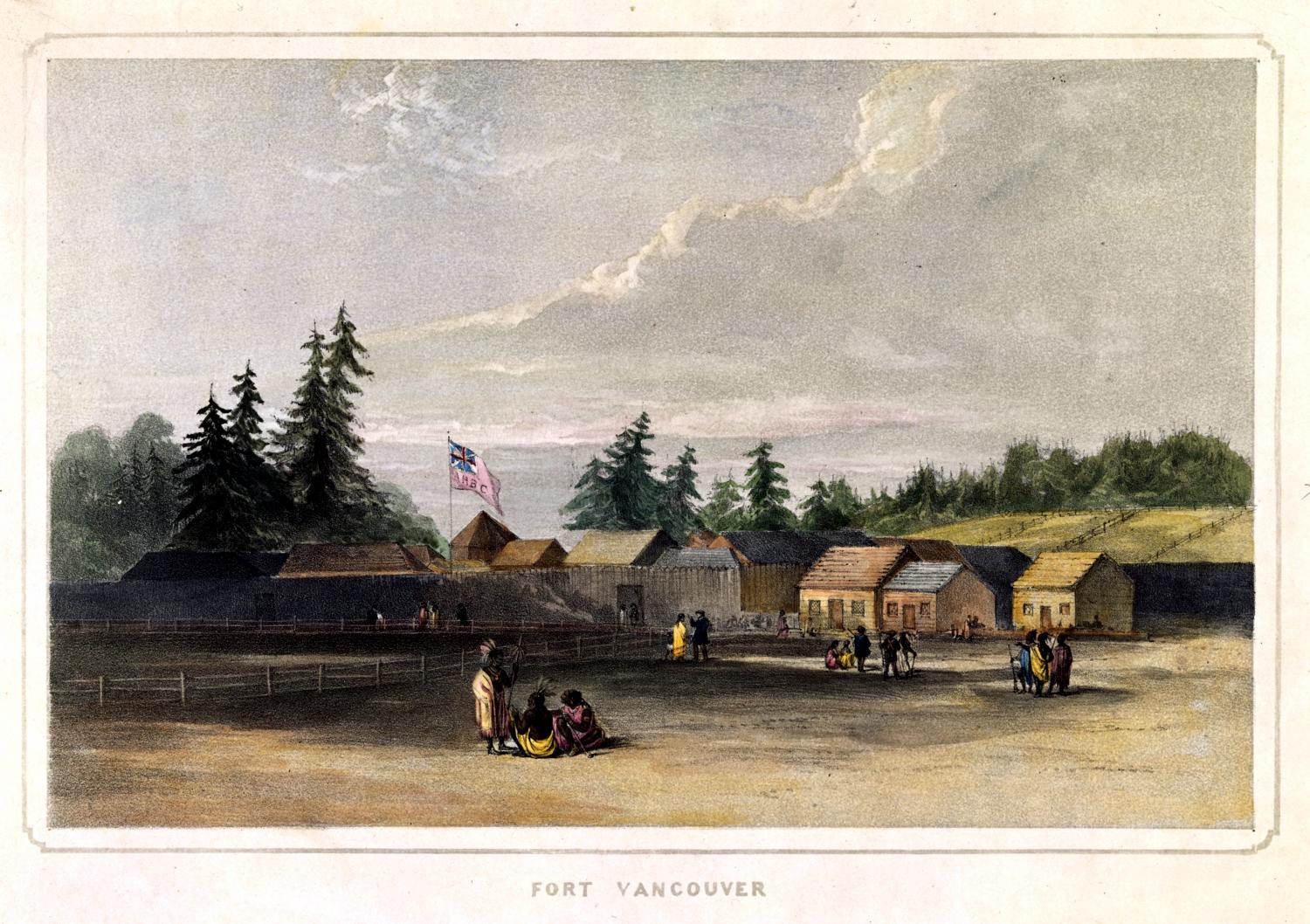 Fort Vancouver with Indigenous people in FG