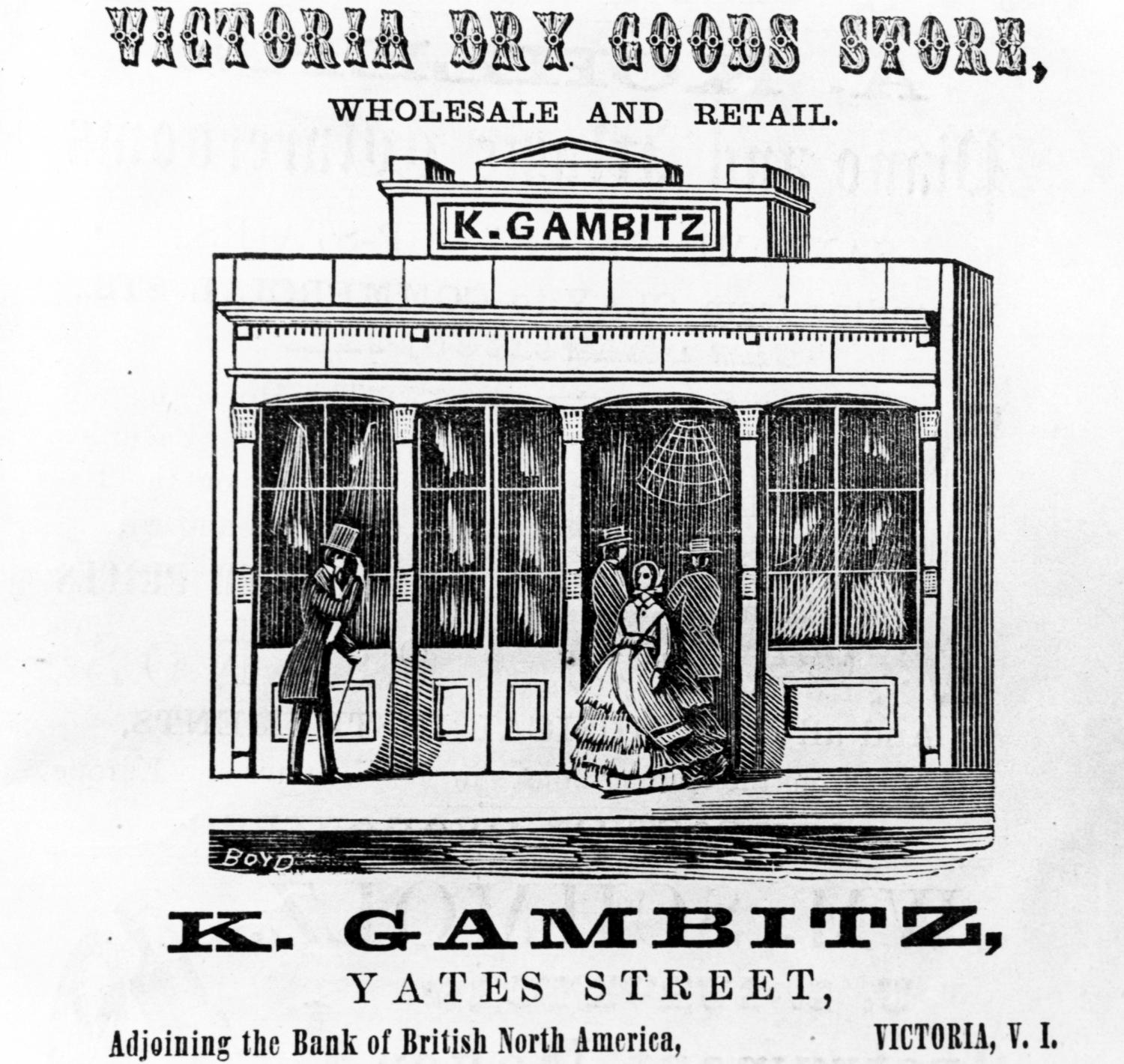 An print advertisement for Victoria Dry Goods Store, featuring people walking into a store in Victoria.