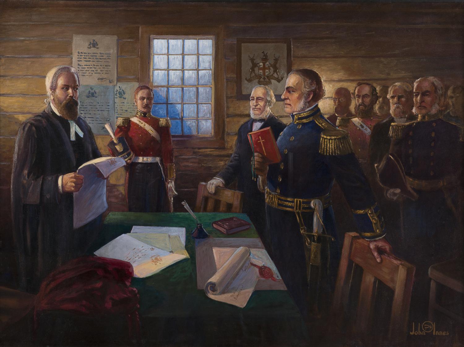 James Douglas taking an oath as the first governor of the Colony of B.C in 1858.