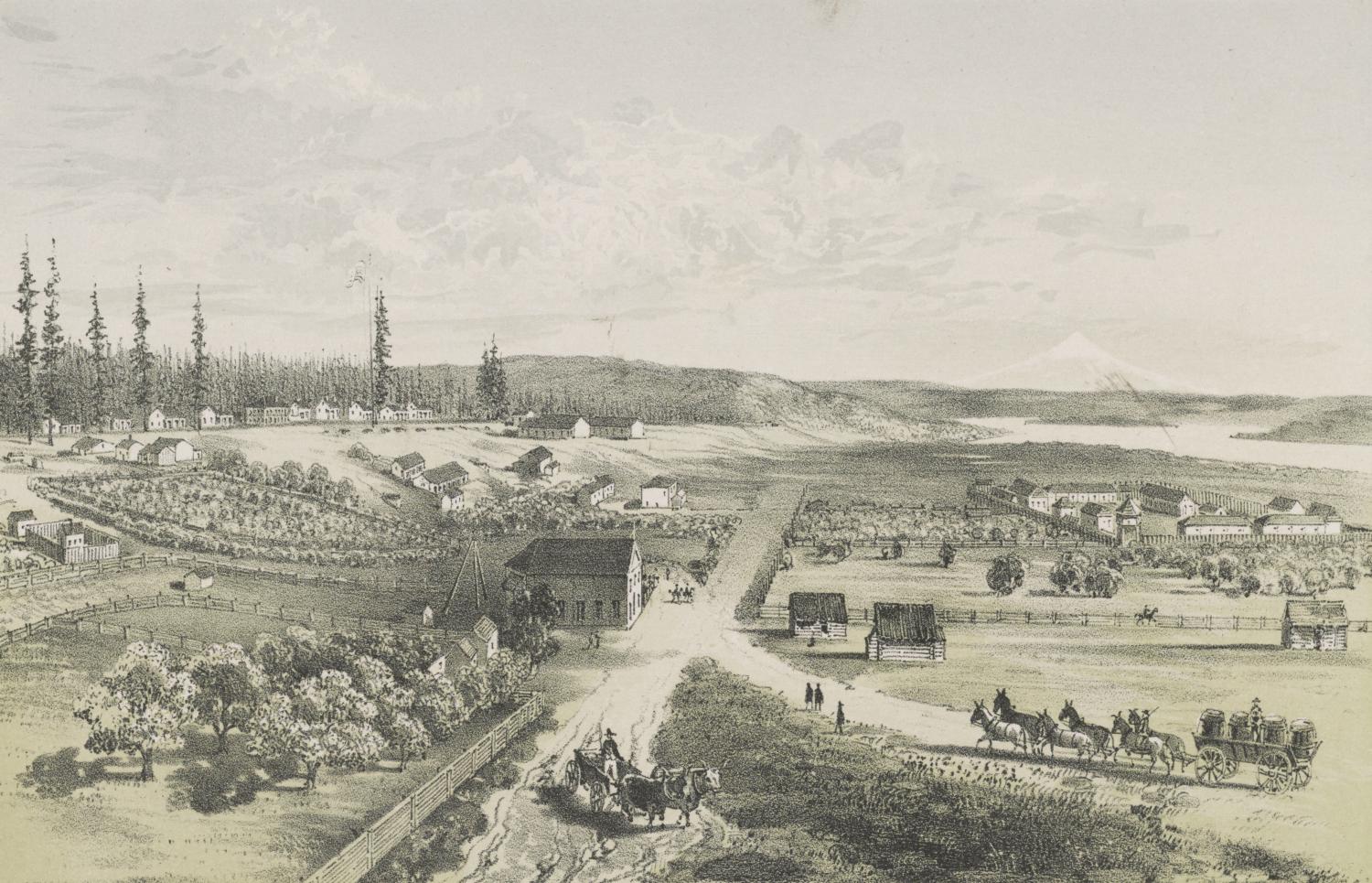 An 1855 print of Fort Vancouver.