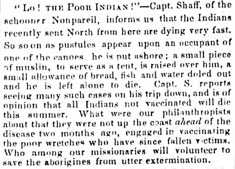 British Daily Colonist newspaper clipping about 1862 smallpox epidemic.