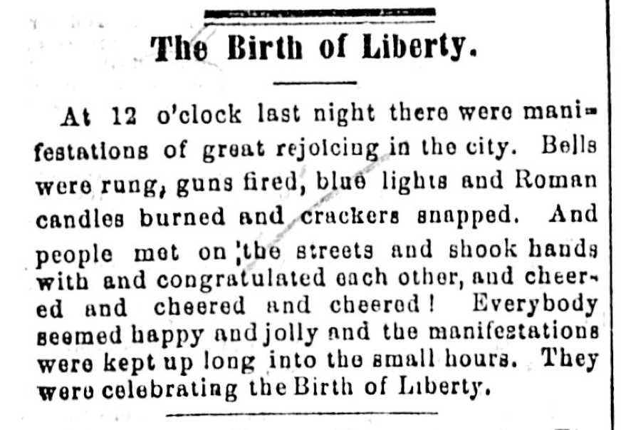 British Daily Colonist article about Victoria residents celebrating B.C.'s entry into Canada on July 20, 1871.