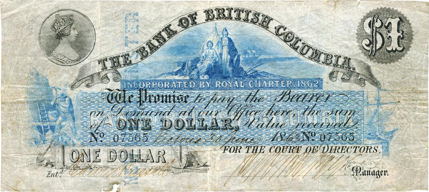 A banknote from the Bank of British Columbia. Printed in 1863.