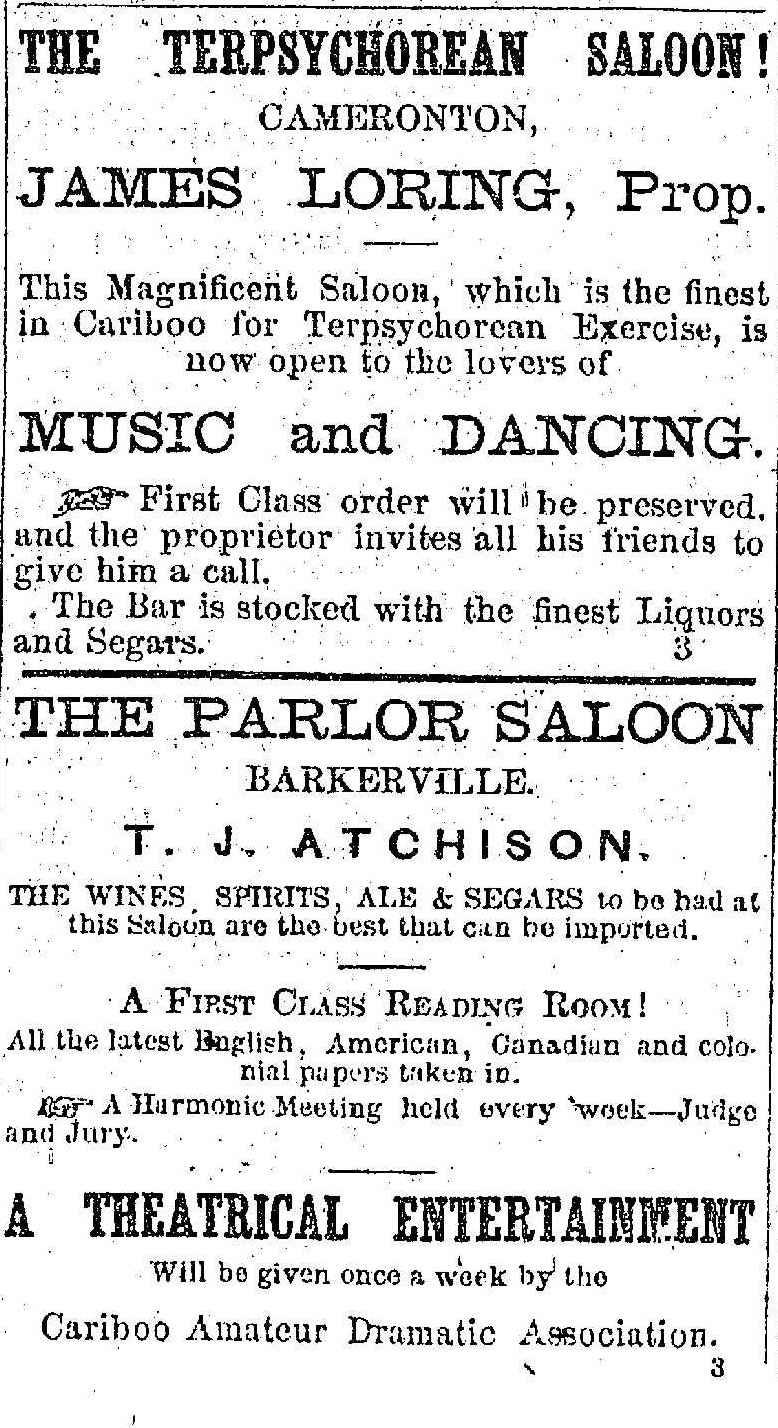 Newspaper advertisements for Barkerville businesses in 1865.