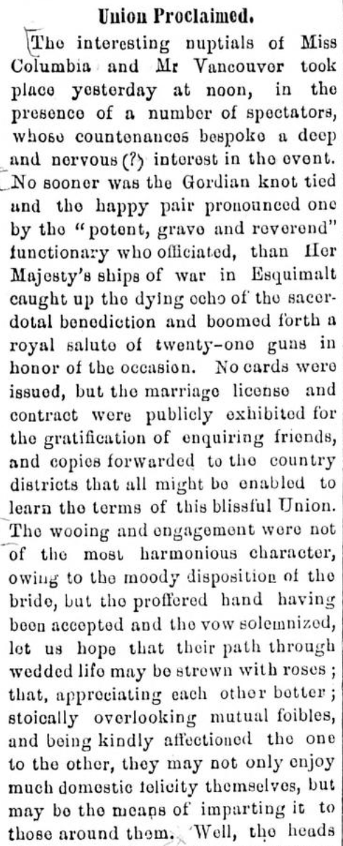 Newspaper clipping celebrating the union of the colonies of Vancouver Island and British Columbia. 