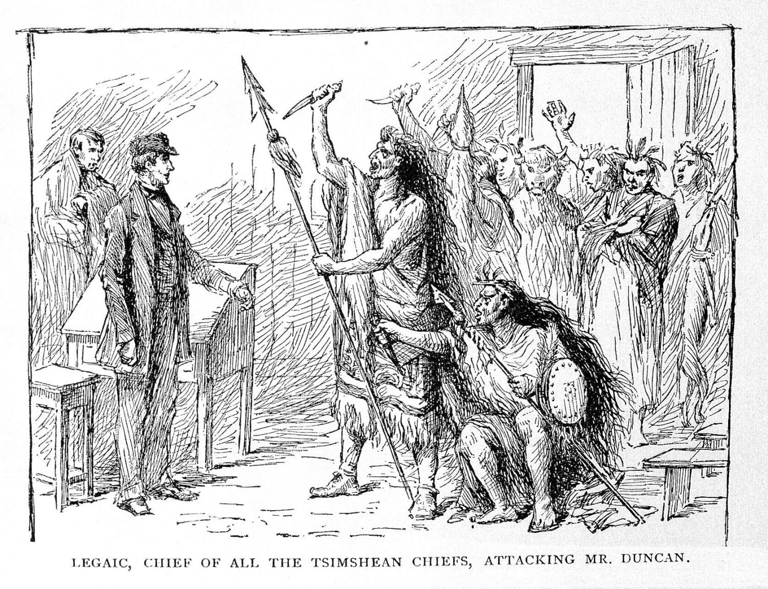 Illustration between page 12 & 13: Legaic, chief of all the Tsimshean chiefs, attacking Mr Duncan.