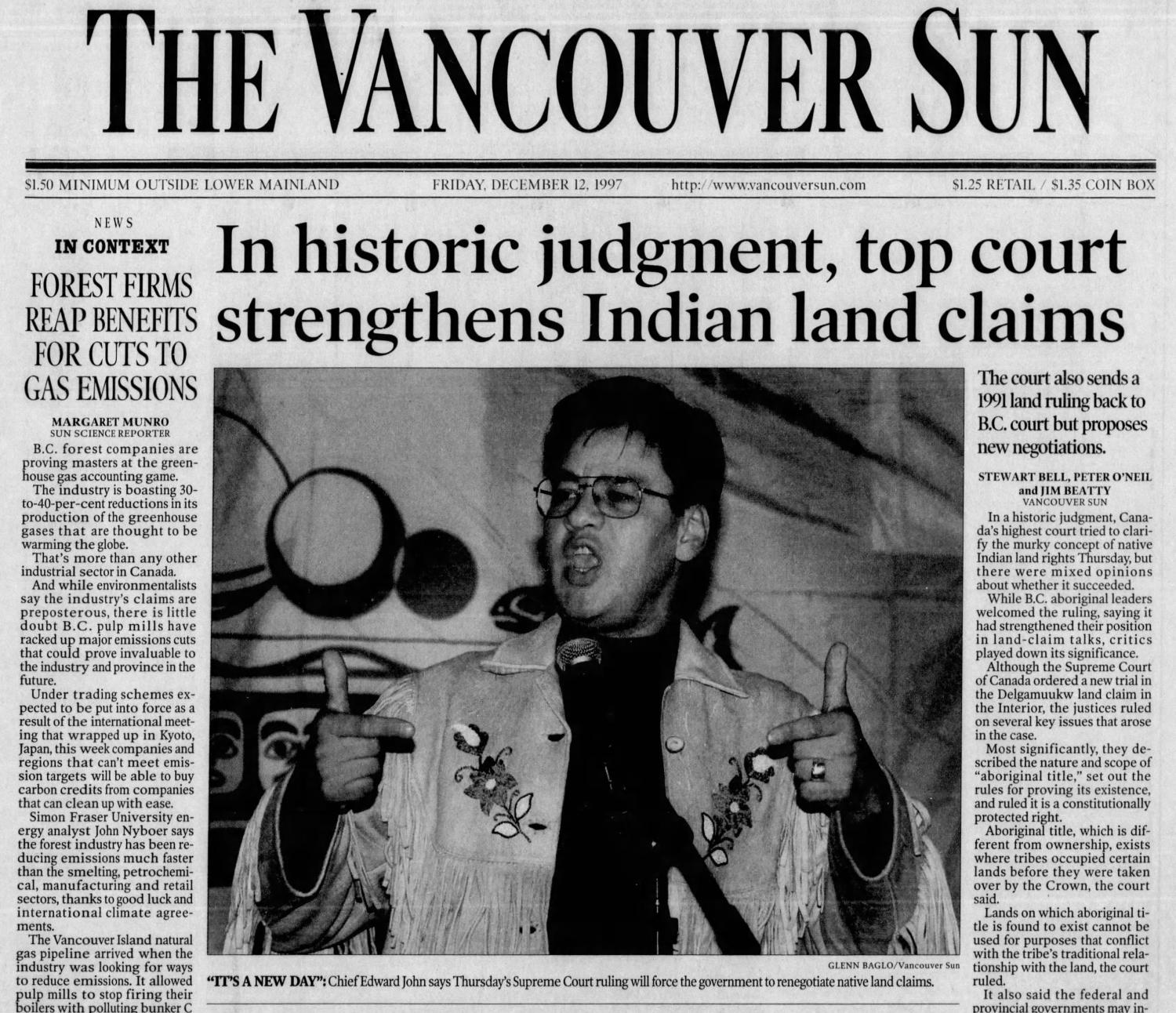 Front page of the Vancouver Sun following Delgamuukw decision in 1997.