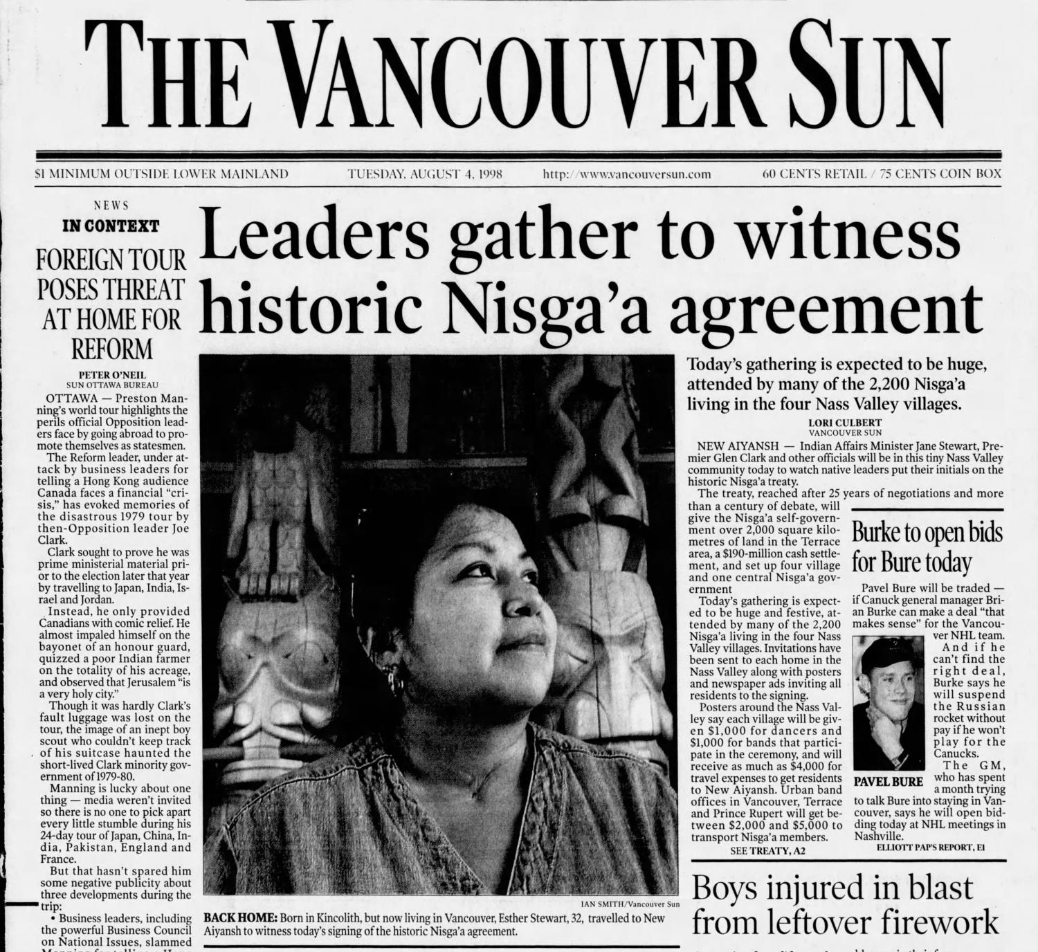 Vancouver Sun front page about Nisga'a treaty.