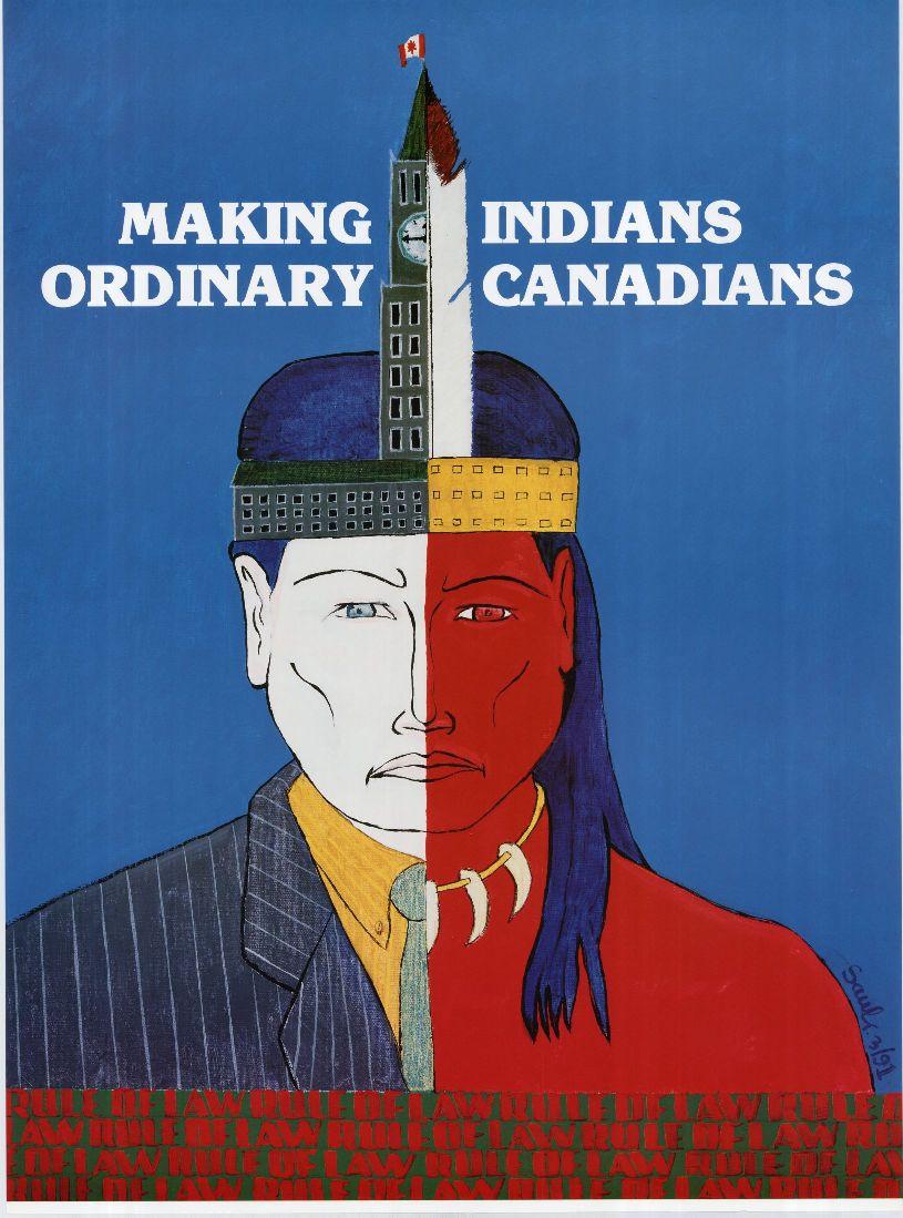 Poster of Indigenous man, half in western clothes, half in traditional garb