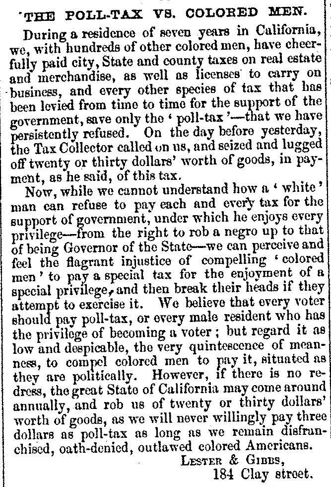 Newspaper clipping of letter to editor written by Mifflin Gibbs and business partner; regarding their decision not to pay California's poll tax due to lack of enfranchisement.