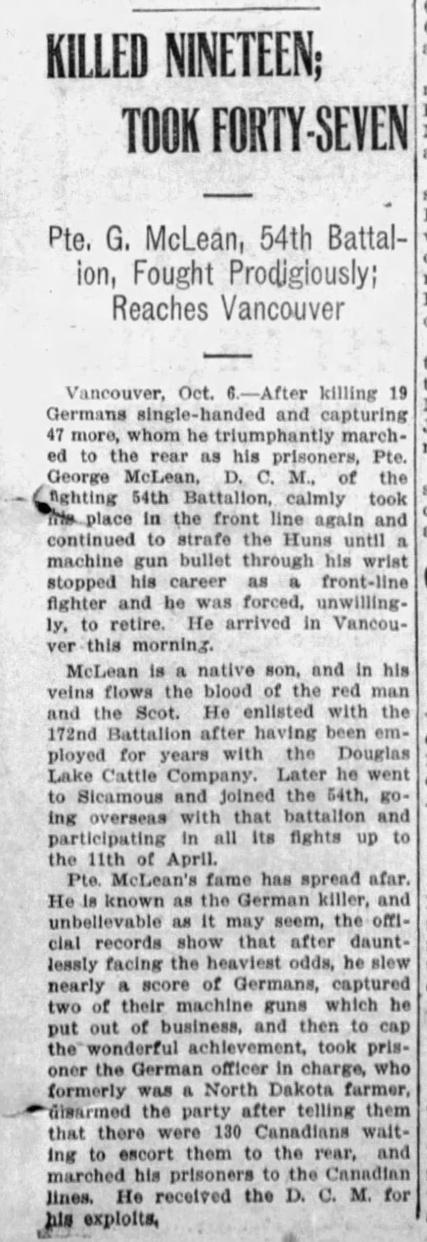 Newspaper article on Indigenous WWI hero George McLean.
