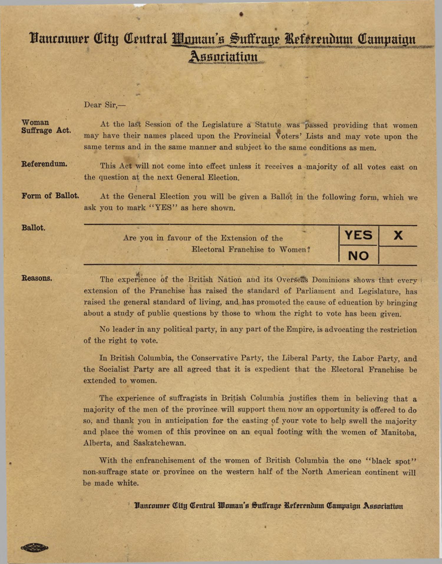 Vancouver City Central Woman's Suffrage Referendum Campaign Association document advocating for women's enfranshisement / suffrage with a ballot that ask: "are you in favour of the extension of the electoral franchise to women?" with the Yes ballot marked