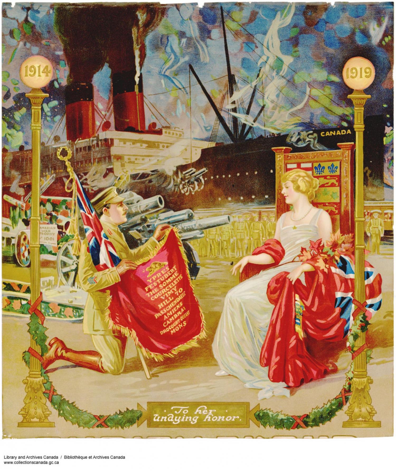A painting entitled "To her undying honor" [sic]. A soldier presents a flag with the names of the major battles of World War I on it to a personification of Canada]