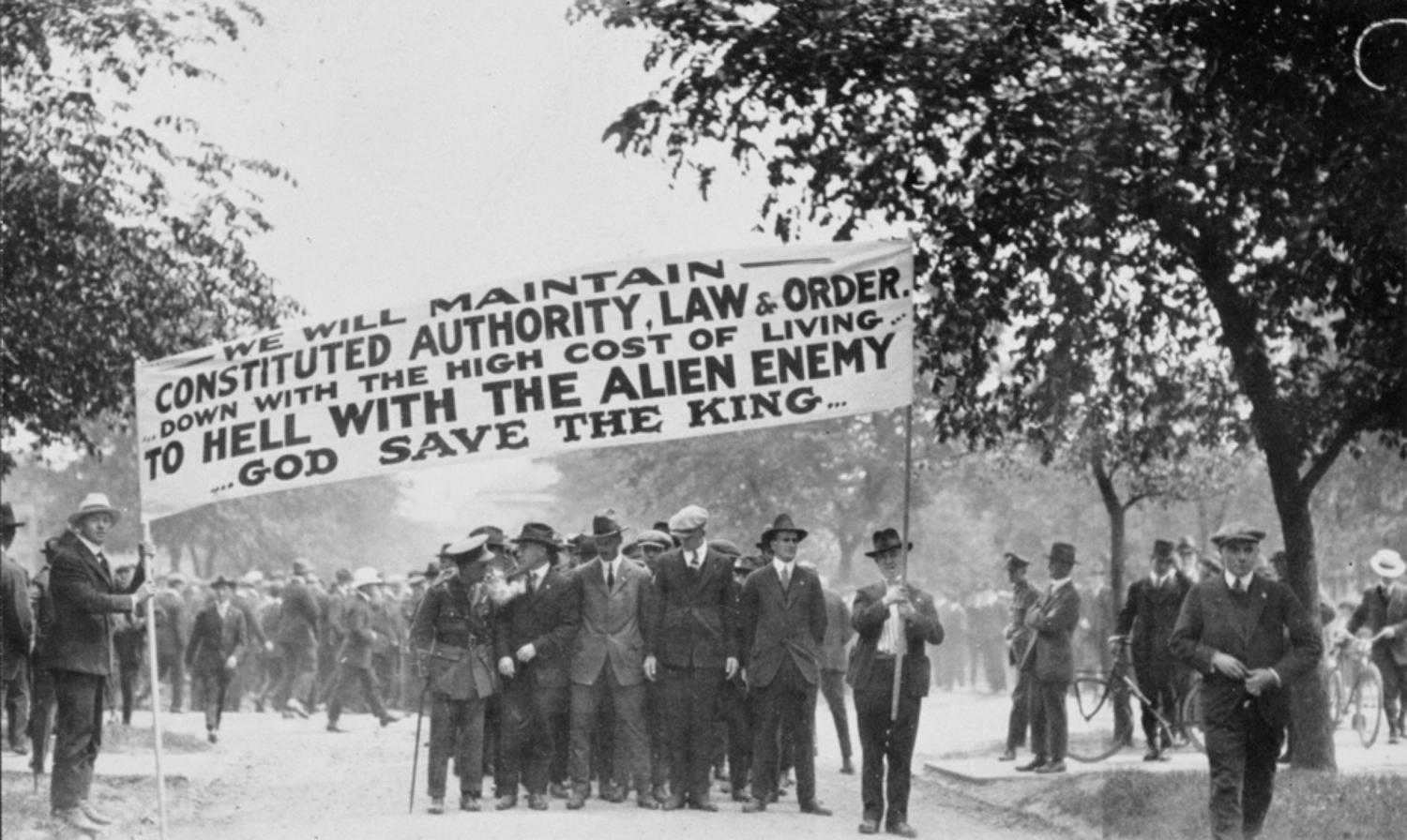 "G. W. V. A. (Great War Veterans Association) parade lining up at Broadway and Main. 4 June 1919."