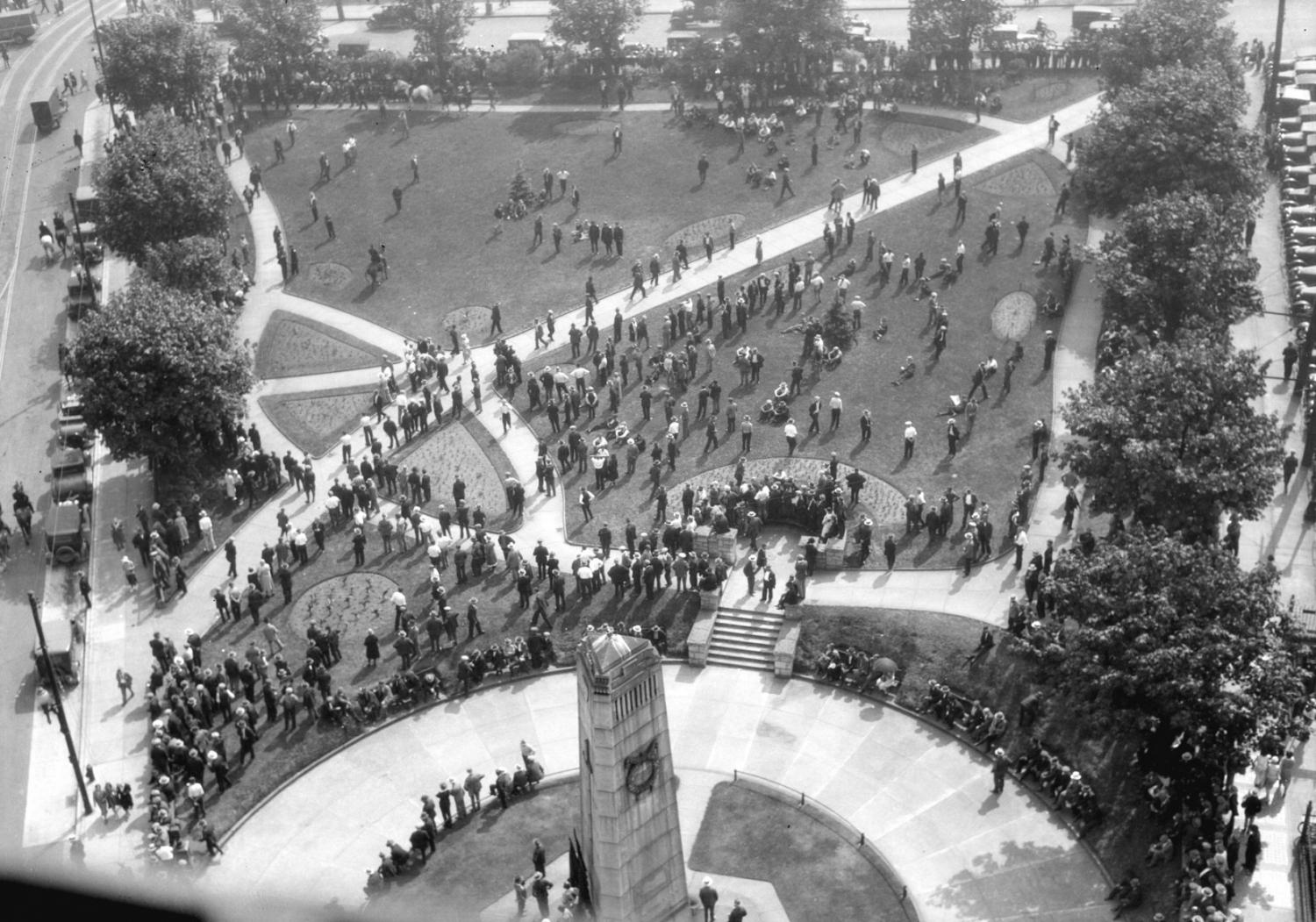 Unemployed men at Victory Square being dispersed by police, 1932.
