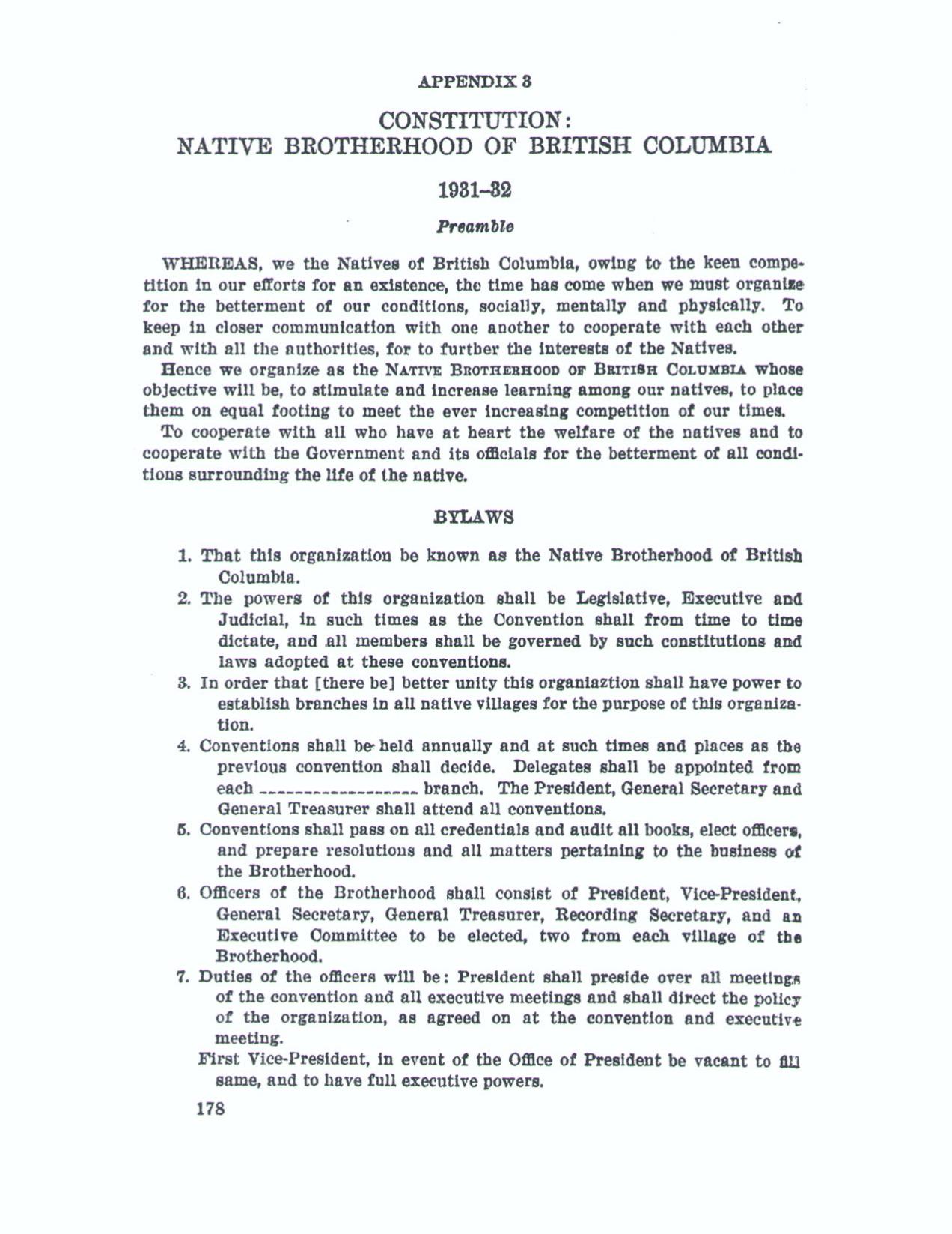 The first page of the constitution of the Native Brotherhood of BC
