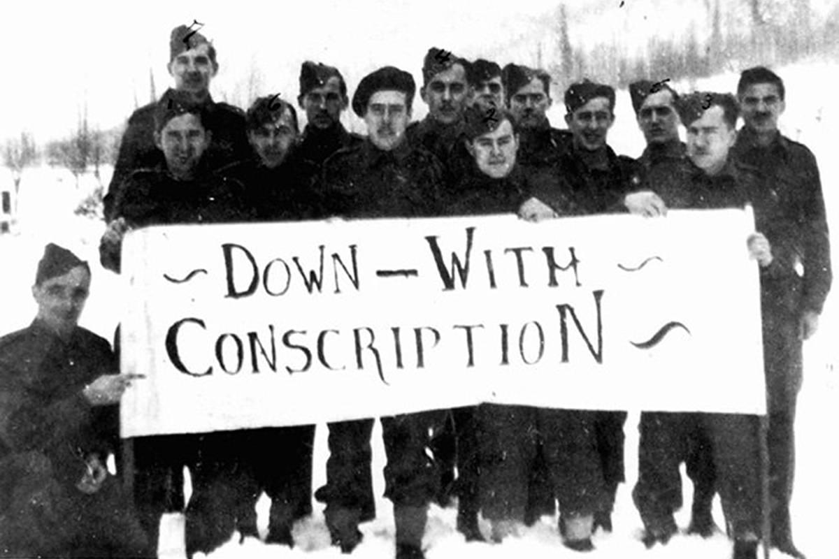 Canadian soldiers in Terrace protest conscription to fight overseas in Nov. 1944.