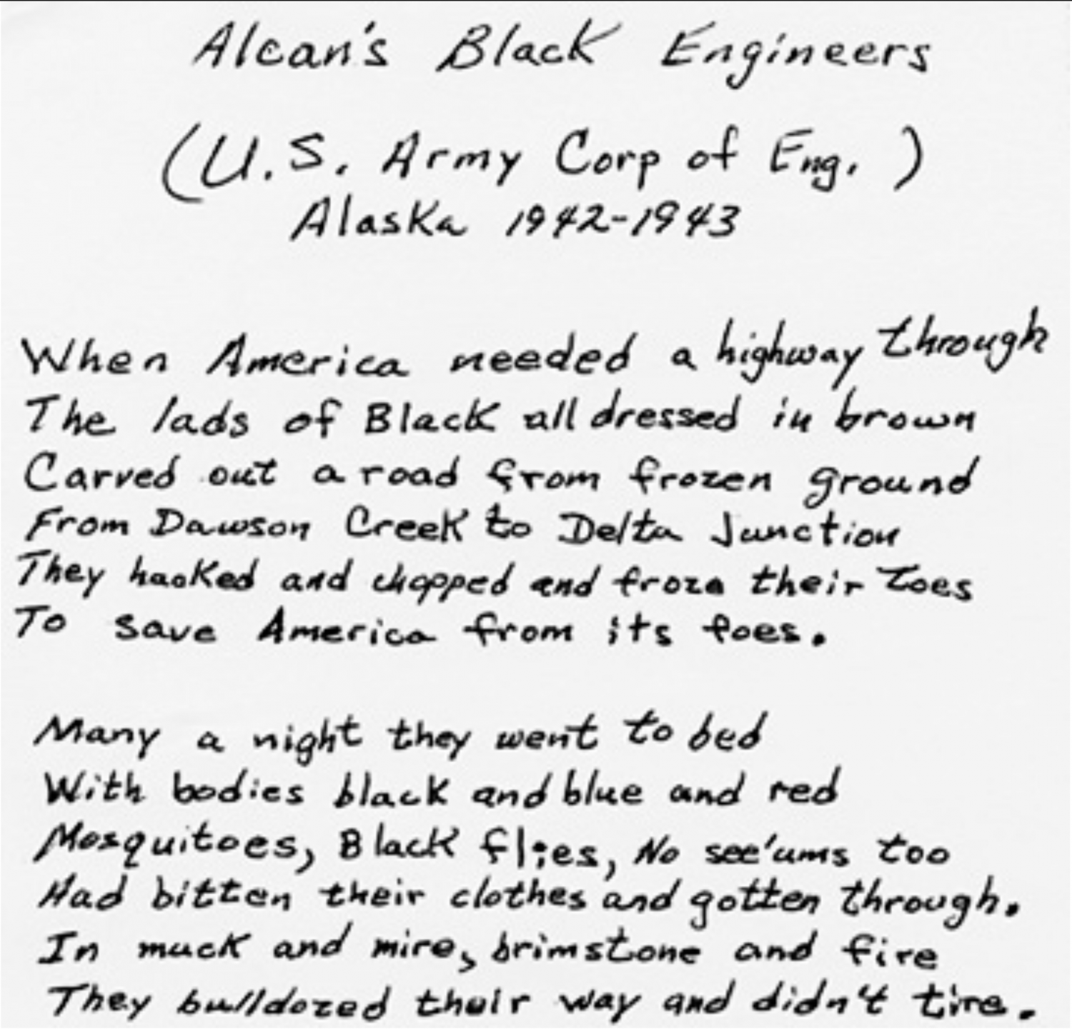 Poem written about Black soldiers’ contribution to construction of the Alaskan Highway.