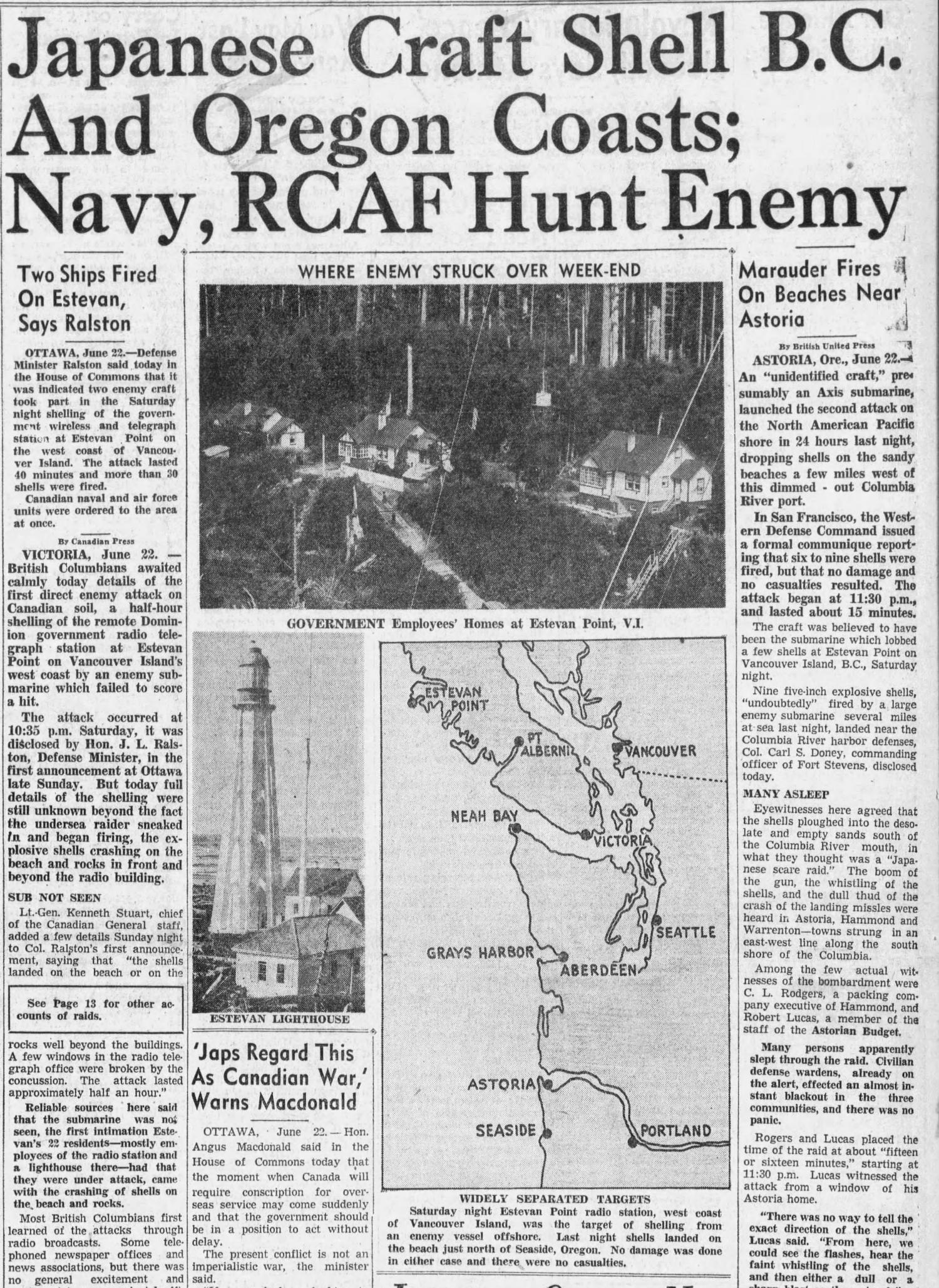 Article about the shelling of Estevan Point
