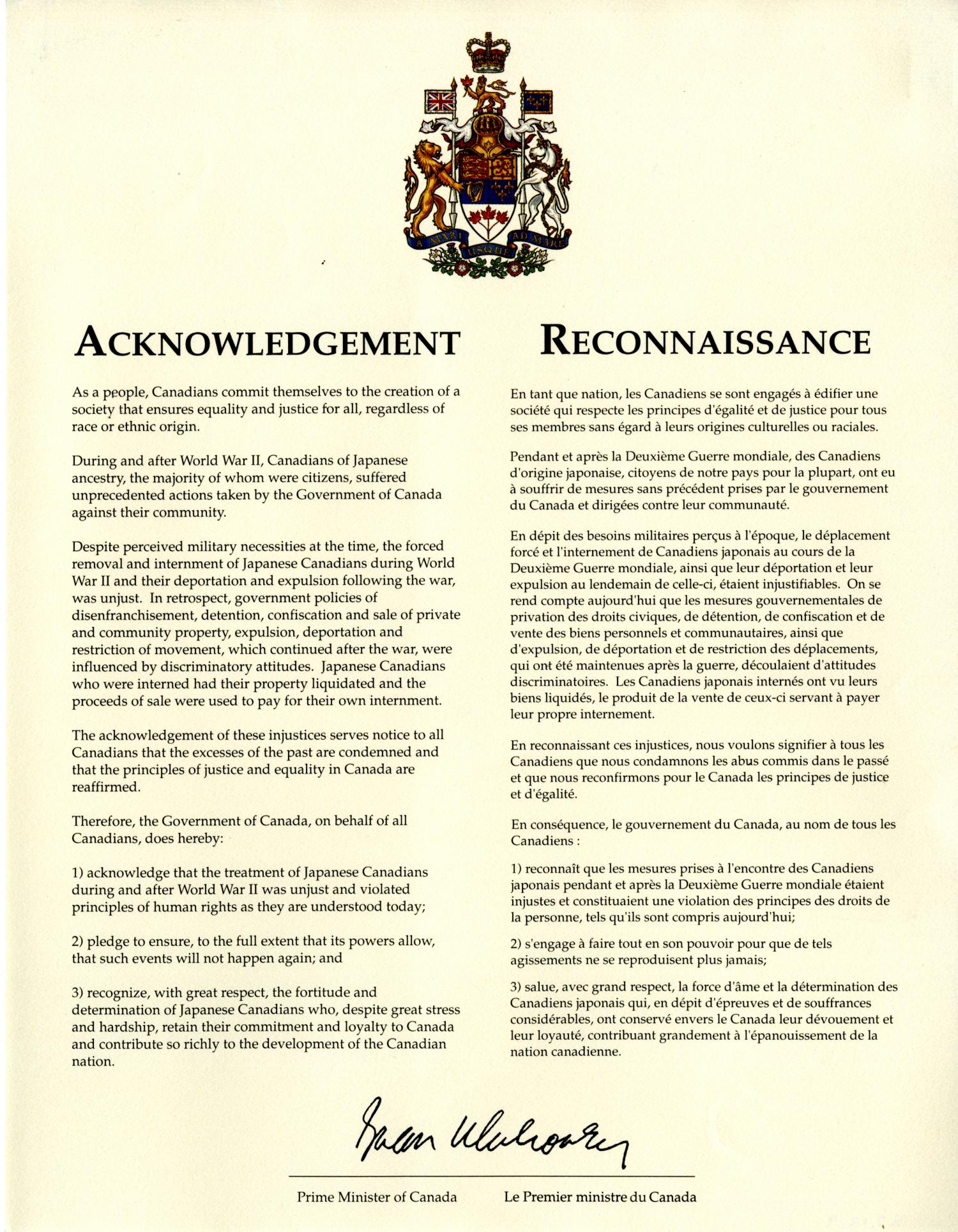 This is the official Acknowledgment for Japanese Canadian Redress signed by Brian Mulroney, Prime Minister of Canada. It features a full colour Canadian crest at centre top.