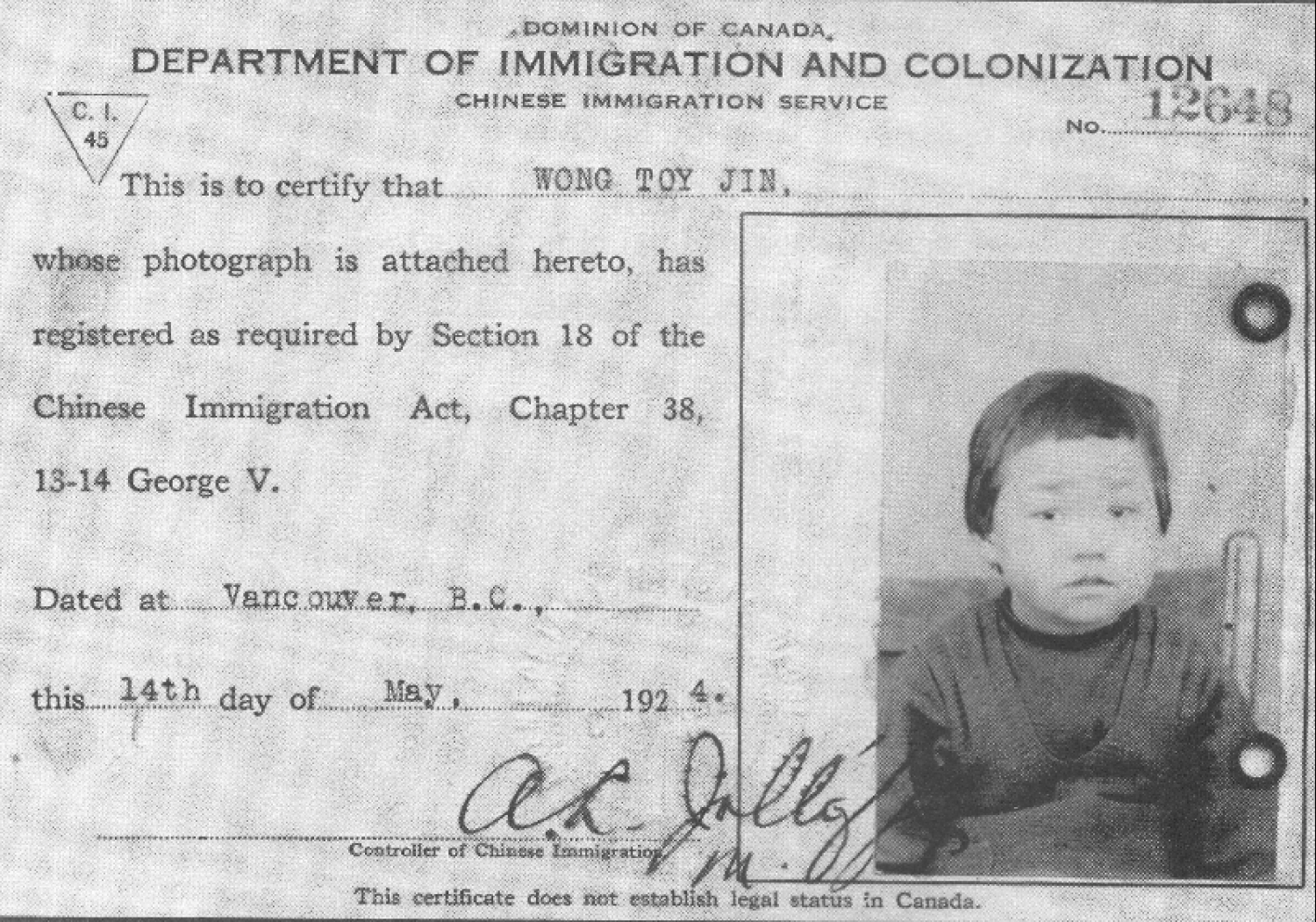 Immigration certificate for Chinese infant.