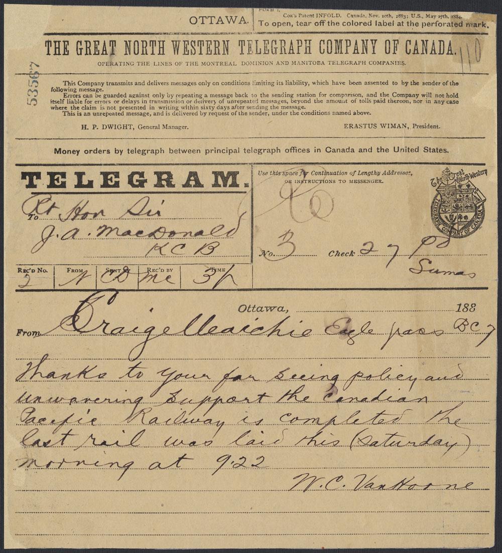 A telegraph delivered by the Great North Western Telegraph Company of Canada