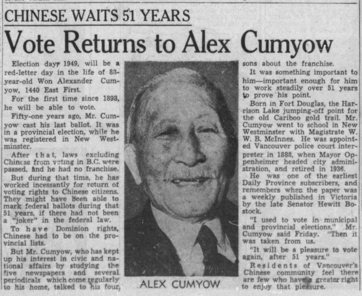 Article on Won Alexander Cumyow voting in the 1949 federal election.