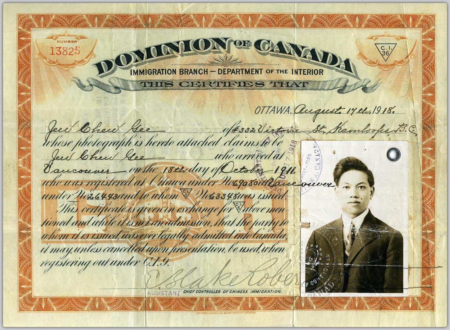 A head tax certificate for a young Chinese man. 