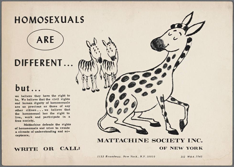 Mattachine Society of New York ad proclaiming "Homosexuals are different... but... we believe they have the right to be." Two striped zebras look at a zebra with spots.