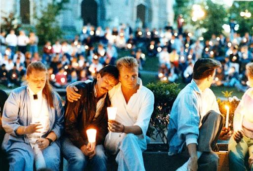 Vancouver third annual AIDS Candlelight Vigil on May 25, 1987 at Cathedral Square outside Holy Rosary Church