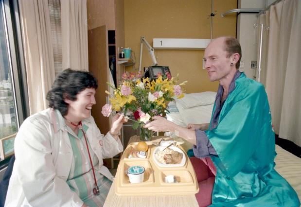 AIDS patient Tom Royle with Dr. Lindsay Lawson in the AIDS ward at St. Paul's Hospital on May 28, 1987. Tom died July 28, 1988 at the age of 43.