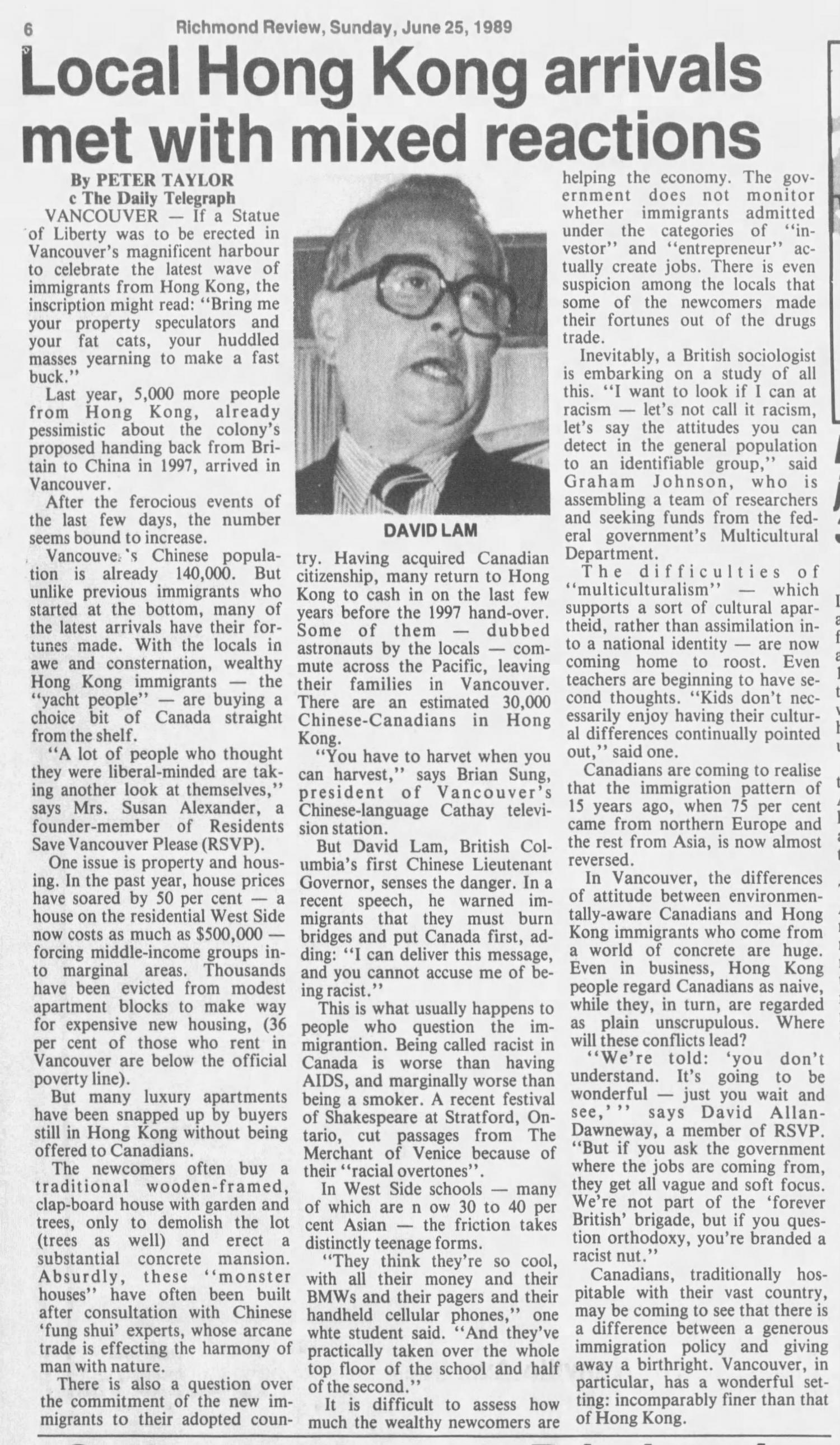 Article on Hong Kong immigration to B.C. in 1989.