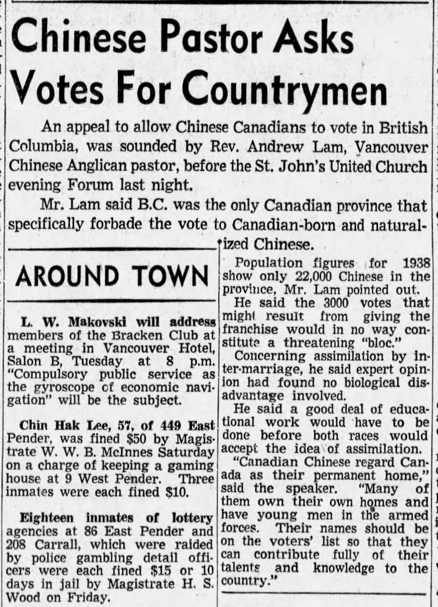 Newspaper article on Rev. Andrew Lam's campaign for Chinese-Canadian voting rights.