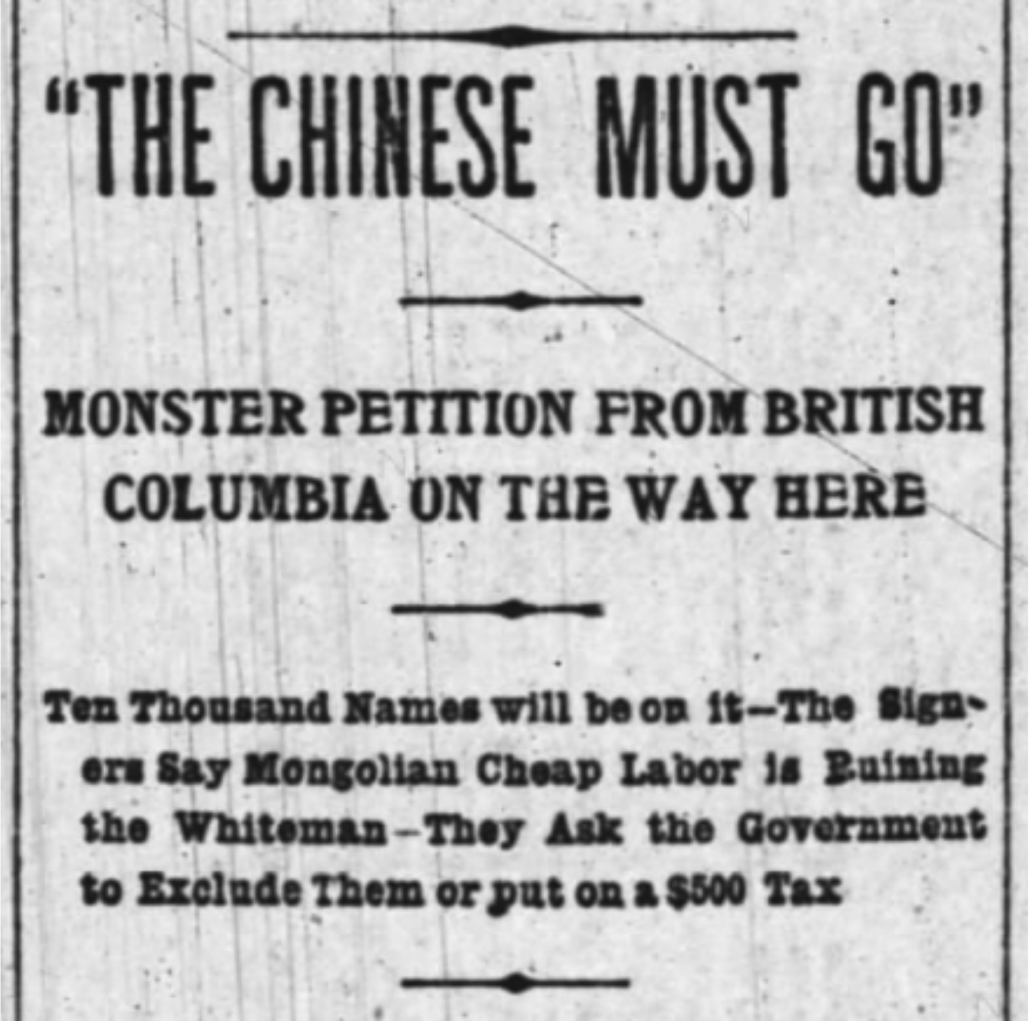Newspaper headline detailing backlash in British Columbia towards Chinese immigration.