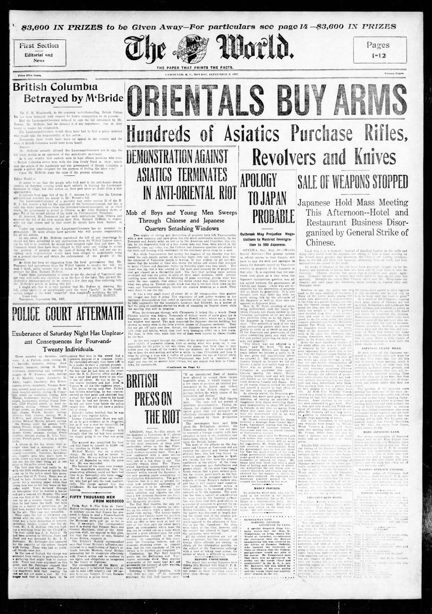 Front page of Vancouver Daily World following 1907 anti-Asian riot.