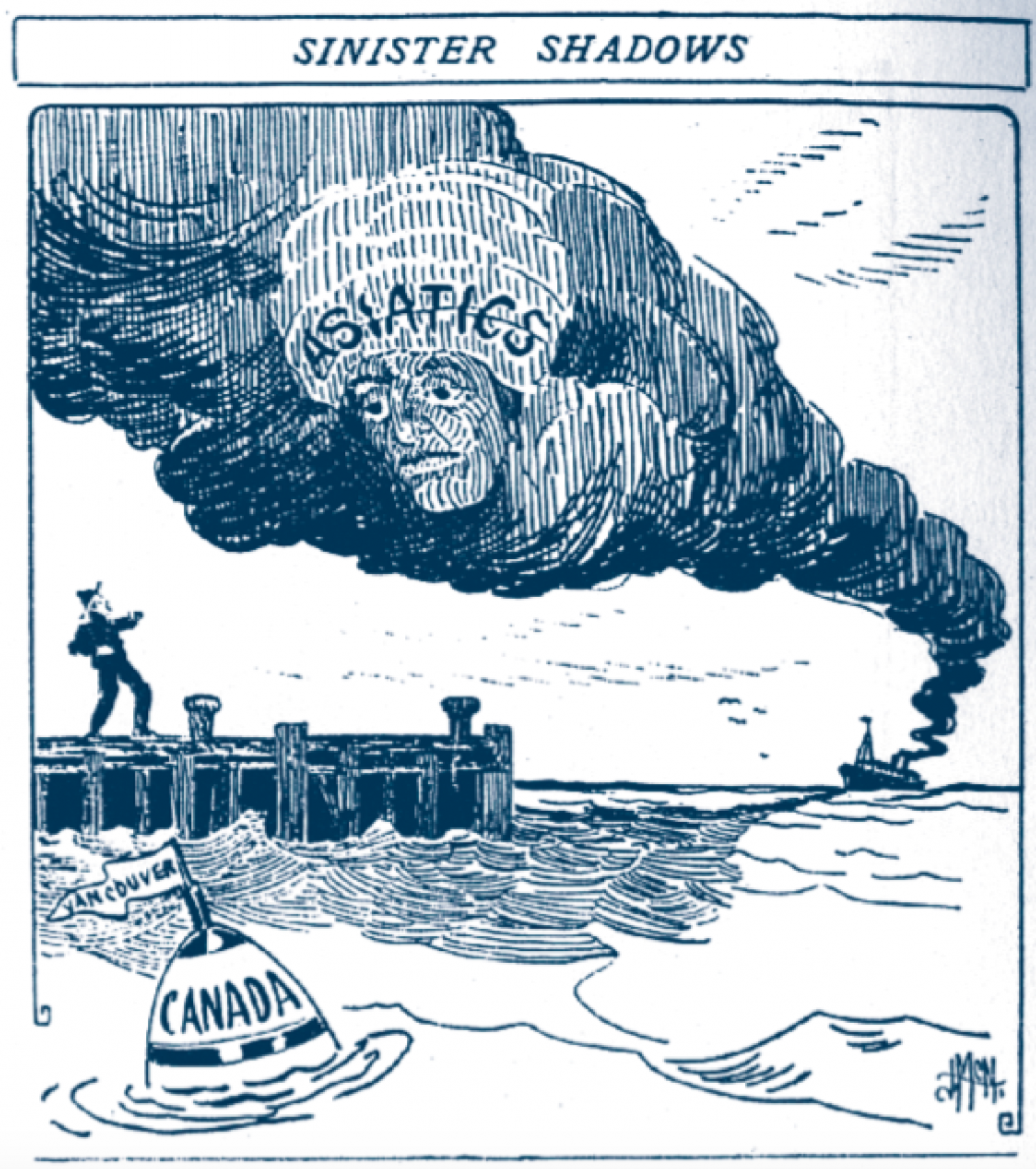 A political cartoon with a stereotypical drawing of an “Asiatic” in smoke from a ship, looming over Vancouver docks
