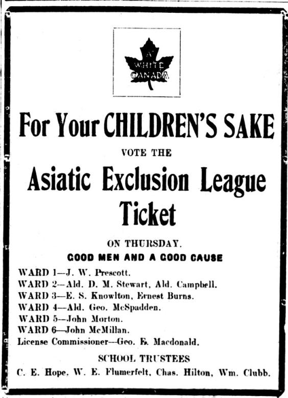 1908 advertisement promotion Asiatic Exclusion League candidates in local Vancouver election. 