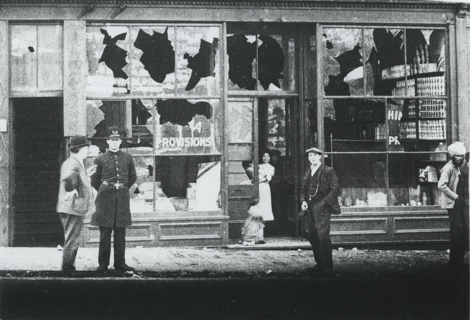 Photo of Powell Street business damaged by anti-Asian riot in 1907.