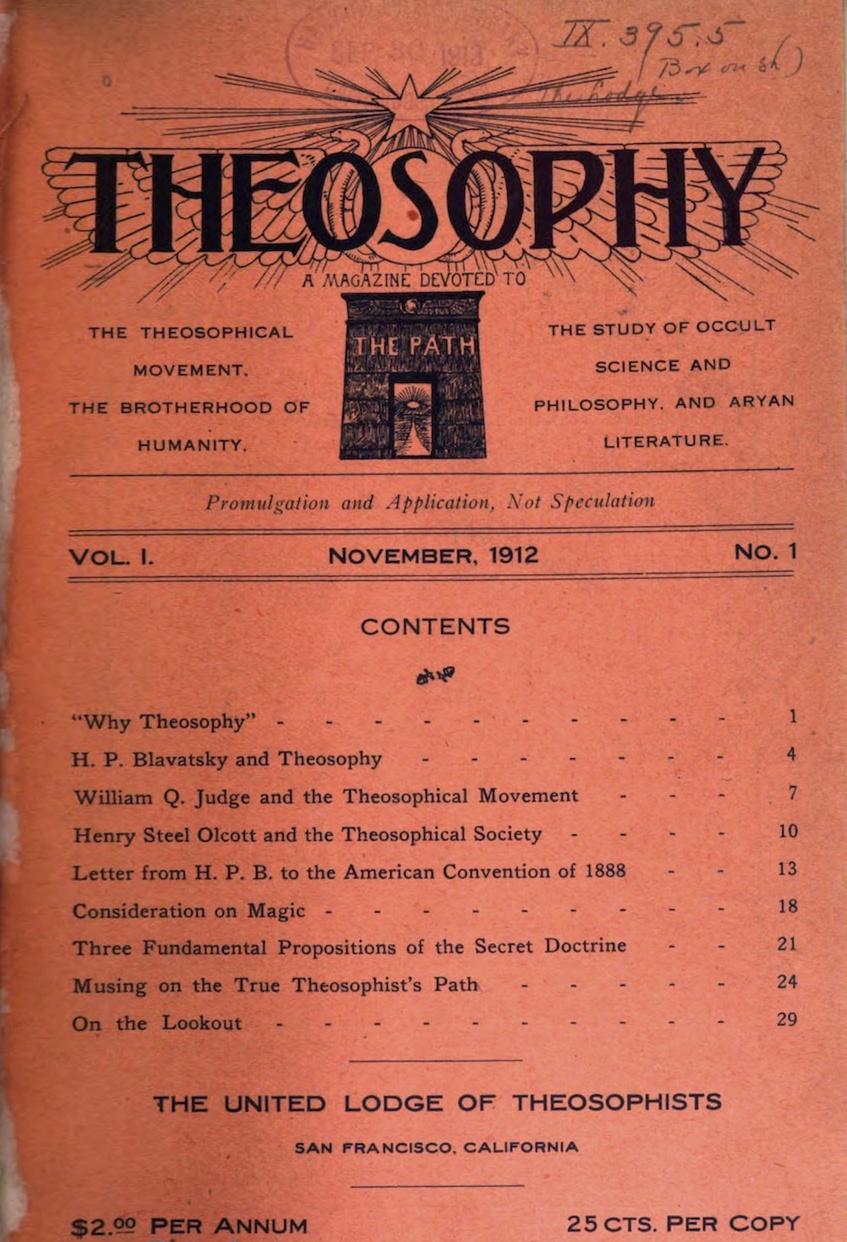 Front page of Theosophy, "a magazine devoted to the theosophical movement, the brotherhood of humanity, the study of occult science and philosophy, and Aryan literature."