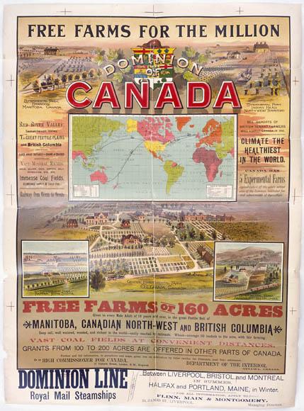 Poster advertising immigration to Western Canada with railway transportation and land grants.