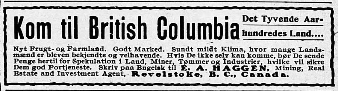 Advertisement promoting immigration to British Columbia in a Danish-language newspaper.