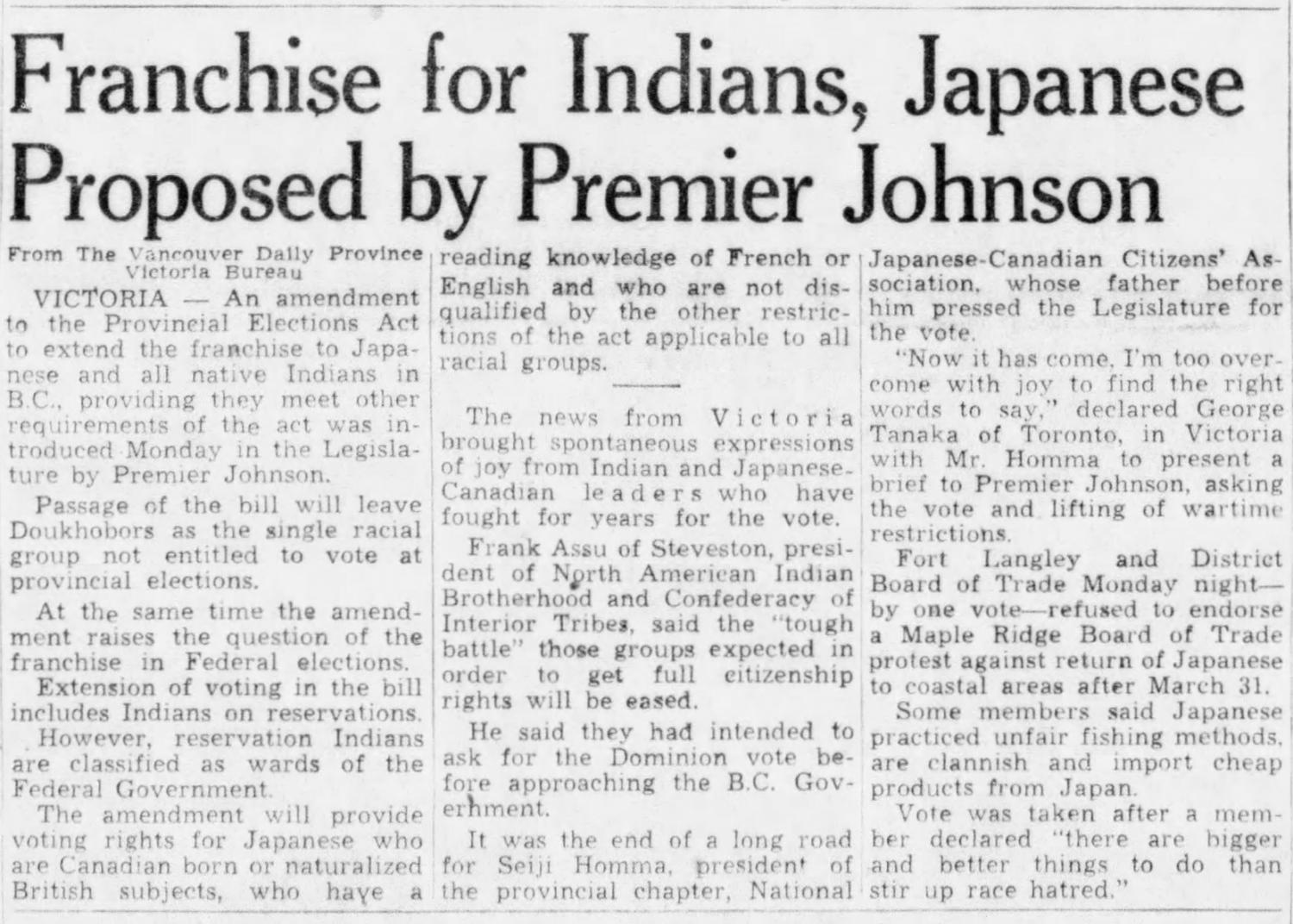 Article on Japanese and Indigenous people receiving the vote in B.C. in 1949.