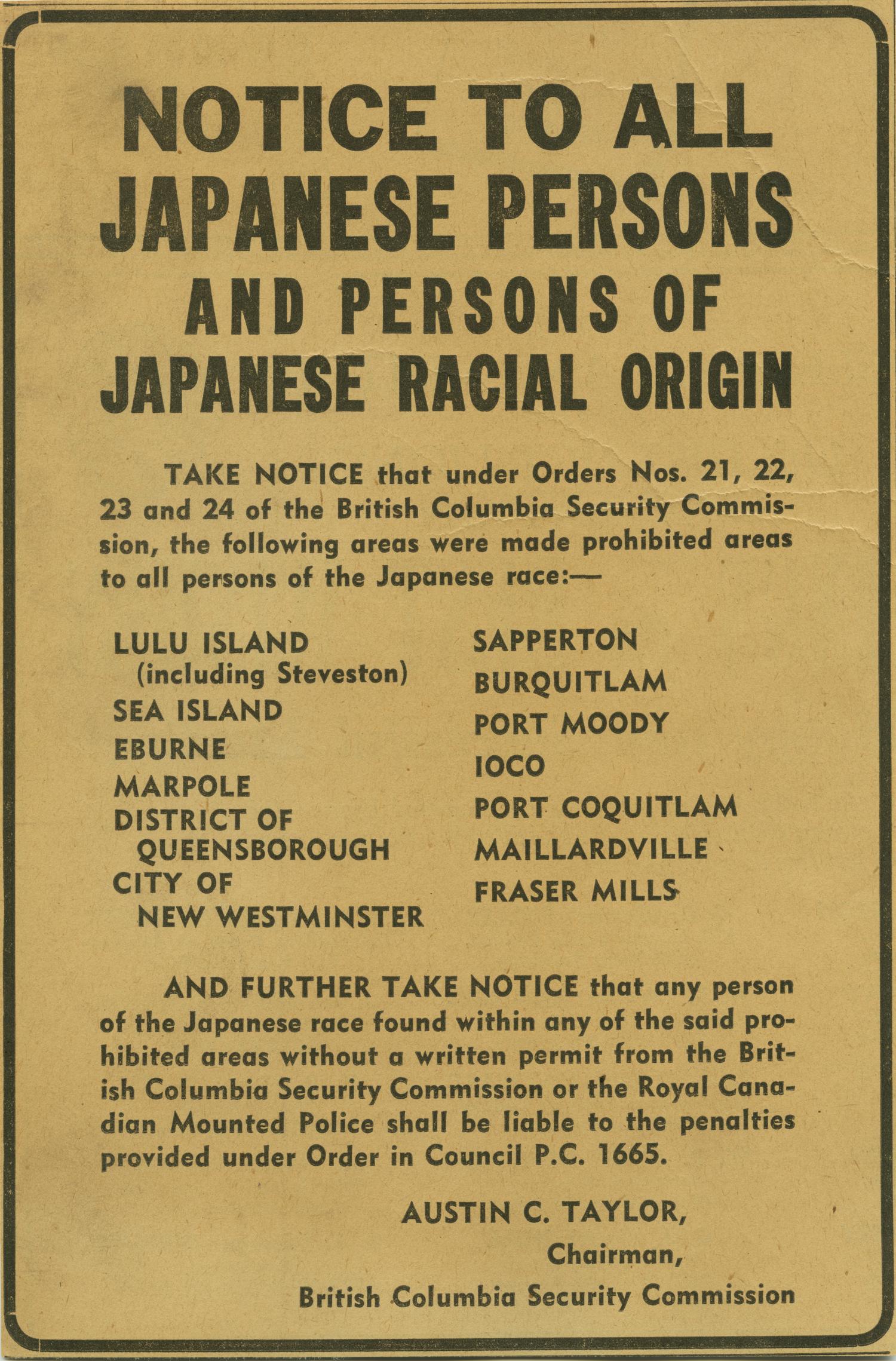 A newspaper notice for Japanese Canadian relocation from the B.C. Coast